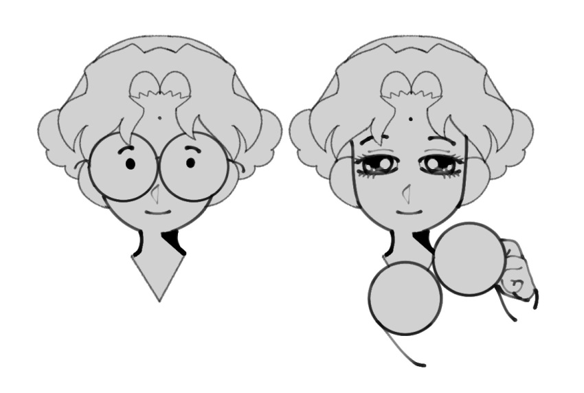 1girl bixelswixels commentary english_commentary glasses greyscale highres himemiya_anthy holding holding_removed_eyewear looking_at_viewer monochrome multiple_views round_eyewear short_hair shoujo_kakumei_utena simple_background squinting unworn_eyewear upper_body