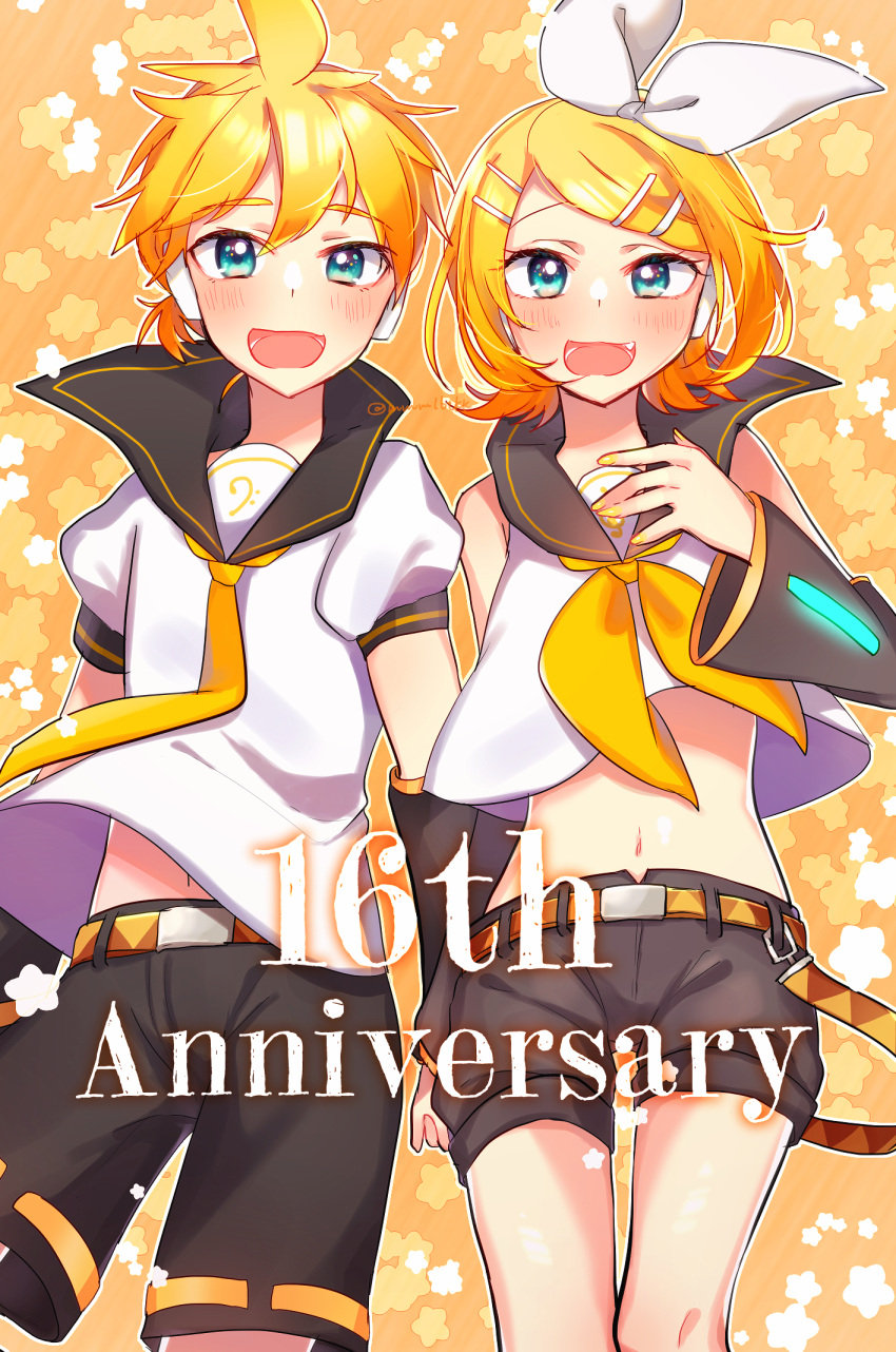 1boy 1girl anniversary bare_shoulders bass_clef black_sailor_collar black_shorts black_sleeves blonde_hair blue_eyes blush bow brother_and_sister commentary_request cowboy_shot crop_top detached_sleeves flat_chest hair_between_eyes hair_bow hair_ornament hairclip headset highres holding_hands kagamine_len kagamine_rin kawahara_chisato looking_at_viewer midriff_peek navel neckerchief necktie open_mouth sailor_collar shirt short_hair short_shorts short_sleeves shorts siblings sidelocks sleeveless sleeveless_shirt standing stomach swept_bangs treble_clef twins vocaloid white_bow white_shirt yellow_nails yellow_neckerchief yellow_necktie