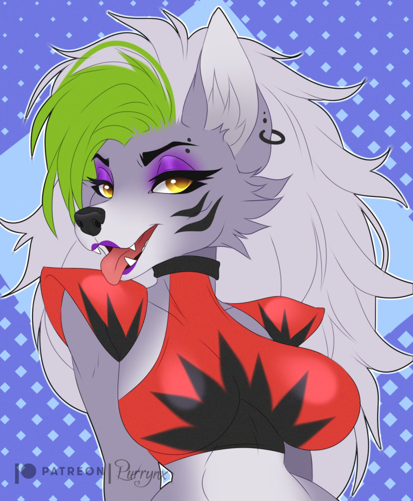 anthro breasts canid canine canis clothed clothing collar eyelashes eyeshadow female five_nights_at_freddy's five_nights_at_freddy's:_security_breach fur green_hair hair hi_res lipstick makeup mammal midriff purple_body purple_eyeshadow purple_fur purple_lipstick purrynx red_clothing roxanne_wolf_(fnaf) scottgames seductive solo steel_wool_studios tight_clothing topwear white_hair wolf