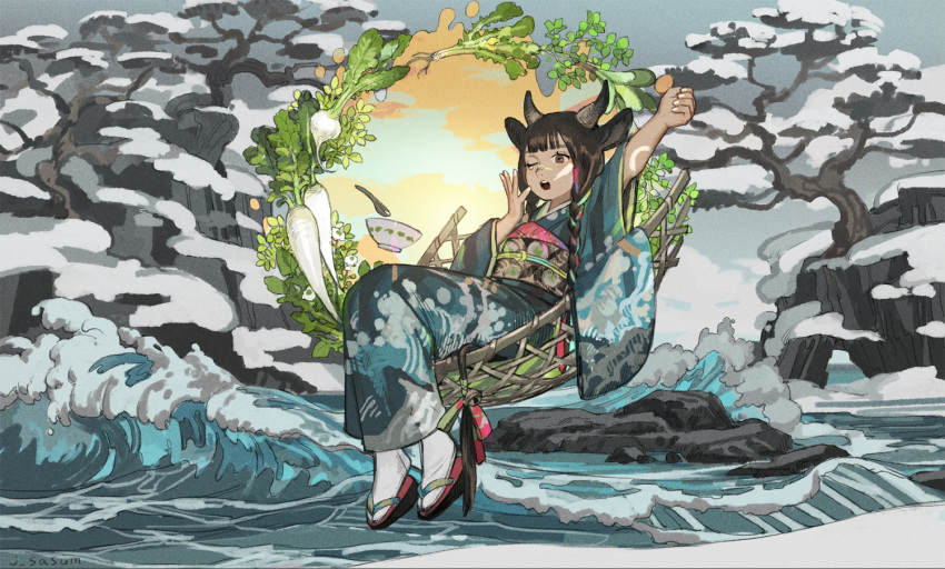 1girl animal_ears arm_up artist_name basket blue_background blue_kimono body_markings bowl braid brown_eyes brown_hair brown_horns chinese_spoon chinese_zodiac cloud cow_ears cow_girl cow_horns cow_tail daikon dark-skinned_male dark_skin food full_body grey_socks hand_up horns japanese_clothes kimono long_hair long_sleeves looking_at_viewer obi obiage obijime one_eye_closed open_mouth original outdoors radish ribbon ribbon_braid rock sash sasumata_jirou sitting snow socks solo spoon stretching tabi tail tail_ornament tail_ribbon teardrop tree twin_braids twitter_username vegetable water waves wide_sleeves yawning year_of_the_ox zouri