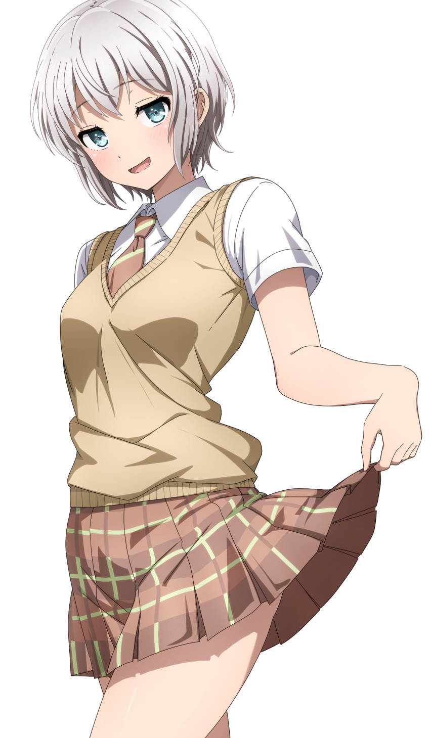 1girl absurdres aoba_moca bang_dream! blue_eyes blush breasts brown_necktie brown_skirt brown_sweater_vest clothes_lift collared_shirt commentary cowboy_shot diagonal-striped_necktie grey_hair hand_up haneoka_school_uniform highres lifted_by_self looking_at_viewer medium_breasts miniskirt necktie noshimurin parted_lips plaid plaid_skirt pleated_skirt school_uniform shirt short_hair simple_background skirt skirt_lift smile solo standing sweater_vest white_background white_shirt