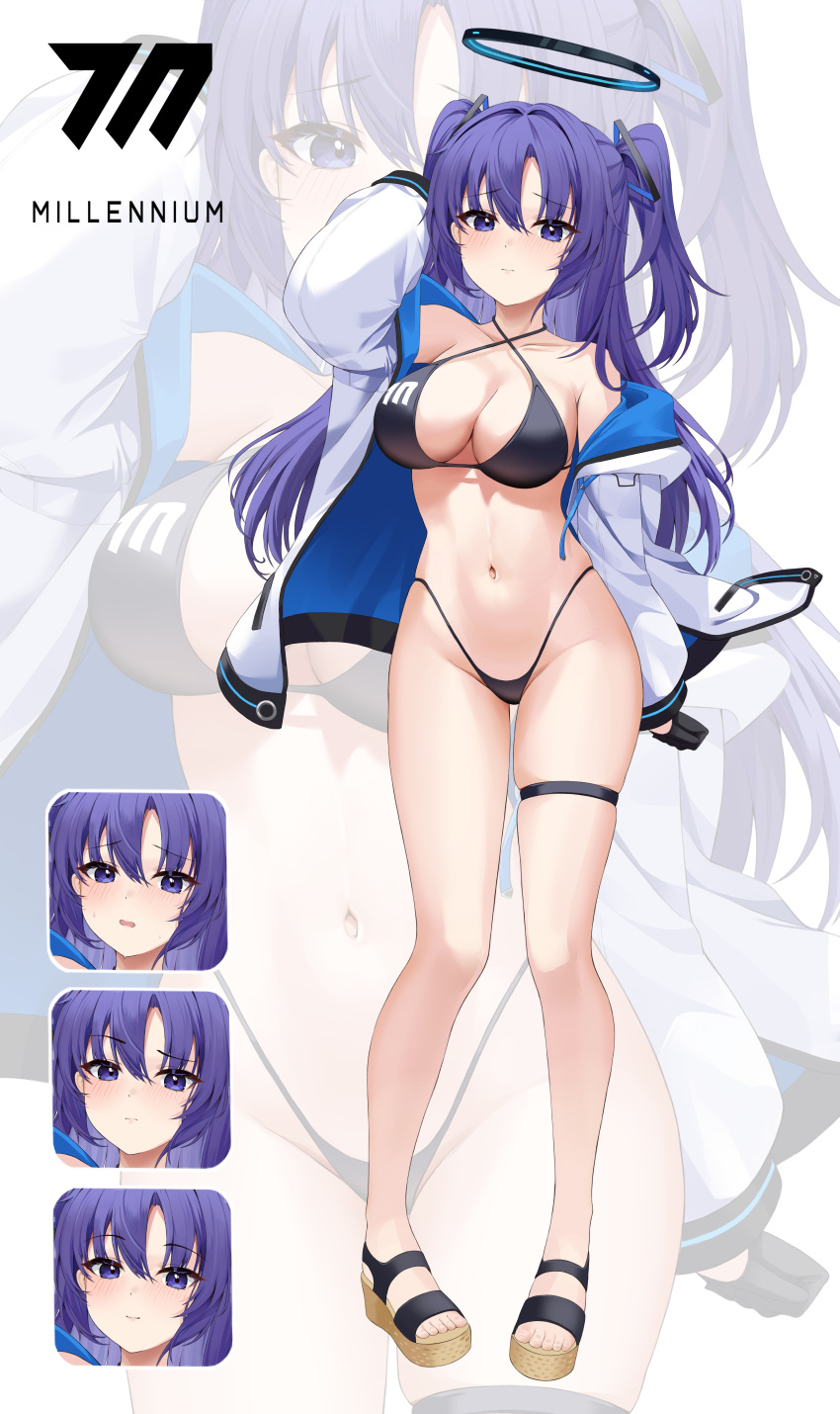 1girl absurdres black_gloves blue_archive blush breasts closed_mouth collarbone full_body gloves groin halo halterneck highres jacket large_breasts long_hair long_sleeves mechanical_halo millennium_science_school_logo nacho_(nacho_1103) navel open_clothes open_jacket purple_eyes purple_hair sandals solo stomach swimsuit thigh_strap two-sided_fabric two-sided_jacket two_side_up white_jacket yuuka_(blue_archive) zoom_layer