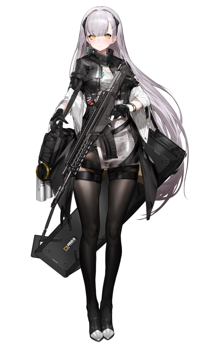 1girl :&lt; ak-alfa ak-alfa_(girls'_frontline) assault_rifle bag black_gloves blush bottle collar full_body girls'_frontline gloves grey_hair gun hairband highres holding holding_gun holding_weapon long_hair looking_at_viewer orange_eyes pantyhose partially_fingerless_gloves rifle solo straight-on thigh_strap weapon weapon_case white_background xiaoluo_xl