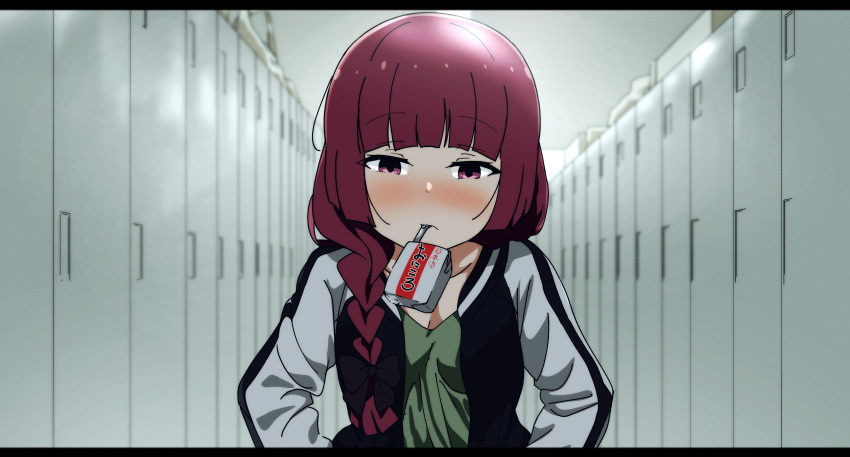 1girl absurdres alcohol alcohol_carton black_bow black_jacket blush bocchi_the_rock! bow braid carton commentary_request dress drinking_straw drinking_straw_in_mouth goumonsha green_dress hair_bow highres hiroi_kikuri jacket locker locker_room long_hair looking_at_viewer mouth_hold multicolored_clothes multicolored_jacket nose_blush open_clothes open_jacket purple_eyes purple_hair single_braid solo two-tone_jacket upper_body white_jacket