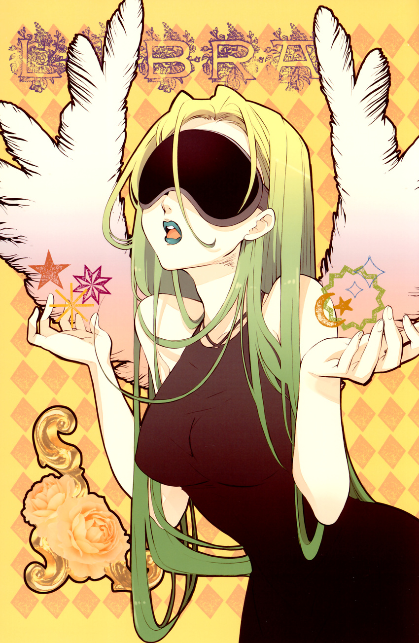 absurd_res blindfold breasts checkered_background clothing dress feathered_wings feathers female green_hair green_lips hair hi_res humanoid libra_(zodiac) long_hair noizi_ito not_furry pattern_background simple_background solo tongue winged_humanoid wings