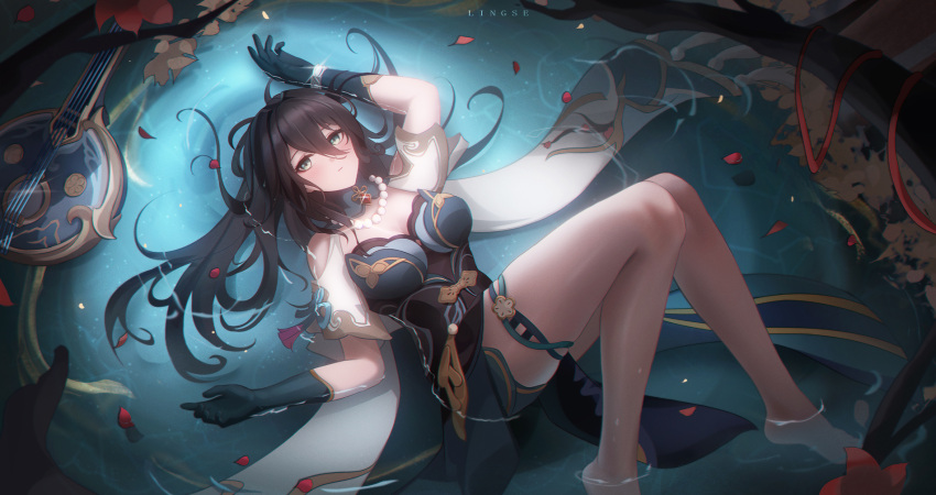 1girl aqua_eyes bare_shoulders barefoot beads black_hair breasts chinese_clothes cleavage clothing_cutout dress gloves highres honkai:_star_rail honkai_(series) instrument jewelry legs ling_dianxia long_hair medium_breasts necklace ruan_mei_(honkai:_star_rail) shamisen short_sleeves shoulder_cutout solo thighs