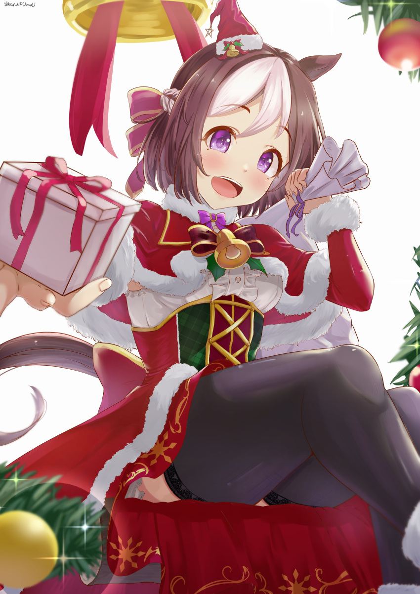 1girl absurdres animal_ears bell black_thighhighs blush box breasts brown_hair capelet detached_sleeves diffraction_spikes feet_out_of_frame gift gift_box highres holding holding_gift holding_sack horse_ears horse_girl horse_tail looking_at_viewer multicolored_hair neck_bell open_mouth purple_eyes reaching reaching_towards_viewer red_skirt sack shiranui_(jari_boy) shirt sitting skirt small_breasts smile solo special_week_(umamusume) tail thighhighs two-tone_hair umamusume white_hair white_shirt