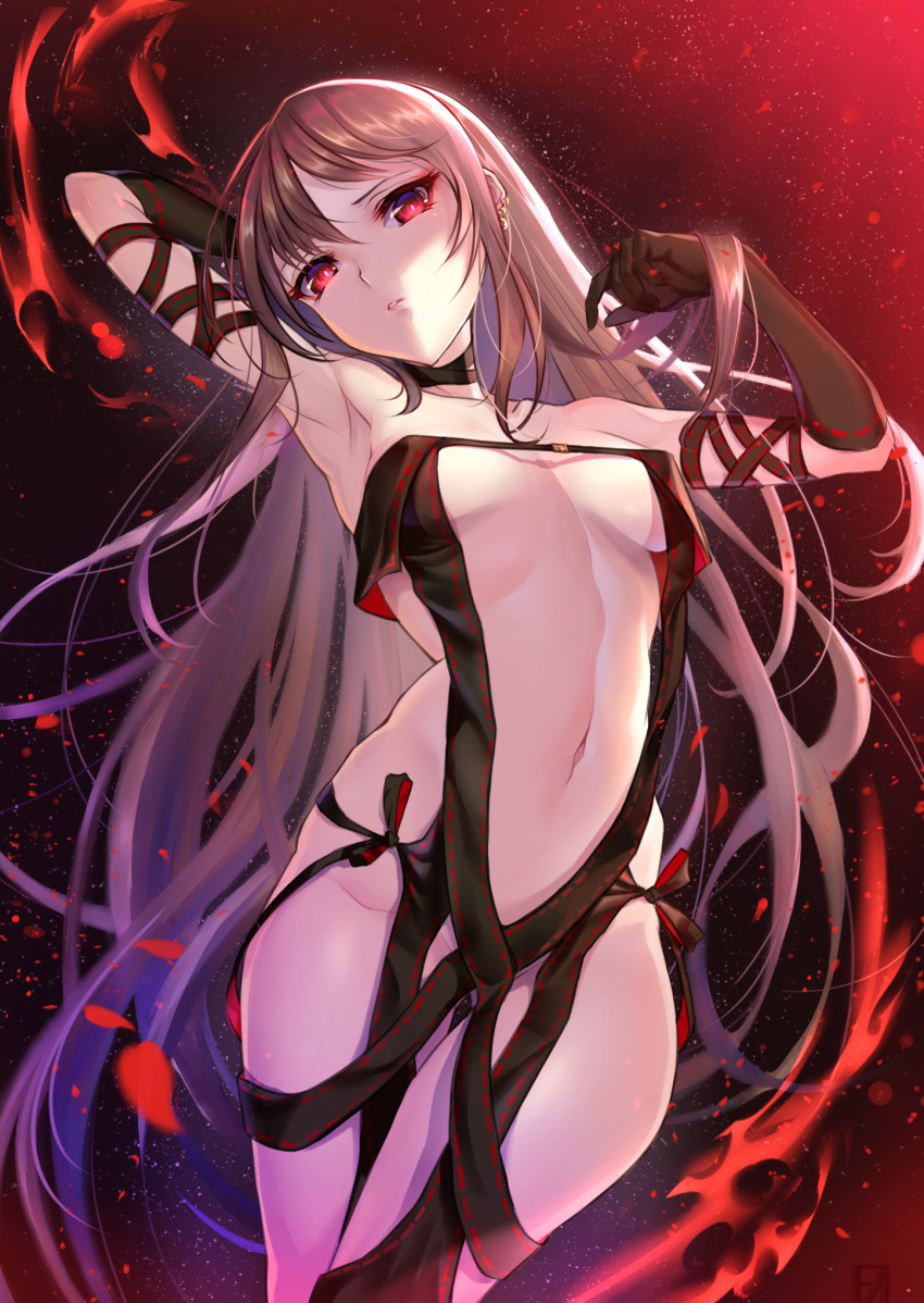 arm_up bangs bare_shoulders black_dress black_gloves breasts brown_hair collarbone commentary_request consort_yu_(fate) dress elbow_gloves eyebrows_visible_through_hair fate/grand_order fate_(series) gloves gluteal_fold groin hair_between_eyes hand_up head_tilt highres long_hair medium_breasts navel parted_lips red_eyes ribbon-trimmed_dress ribbon-trimmed_gloves ribbon_trim solo strapless strapless_dress sunday_se7en very_long_hair