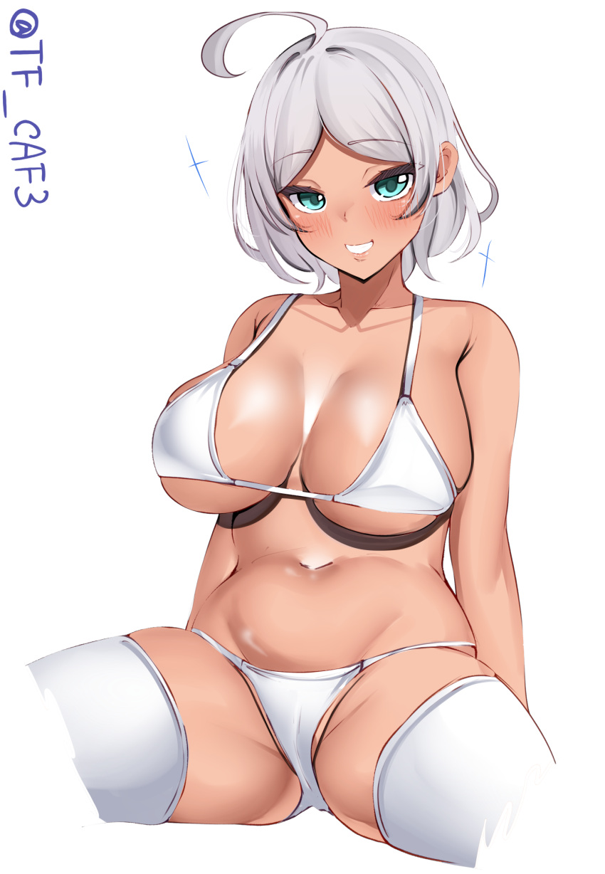1girl ahoge alternate_costume armpit_crease bare_shoulders bikini blue_eyes breasts cleavage commentary curvy dark-skinned_female dark_skin grey_hair grin groin gundam gundam_suisei_no_majo highres large_breasts looking_at_viewer navel plump secelia_dote short_hair simple_background smile solo sparkle spread_legs swimsuit tf_cafe thighhighs twitter_username underboob white_background white_bikini white_thighhighs