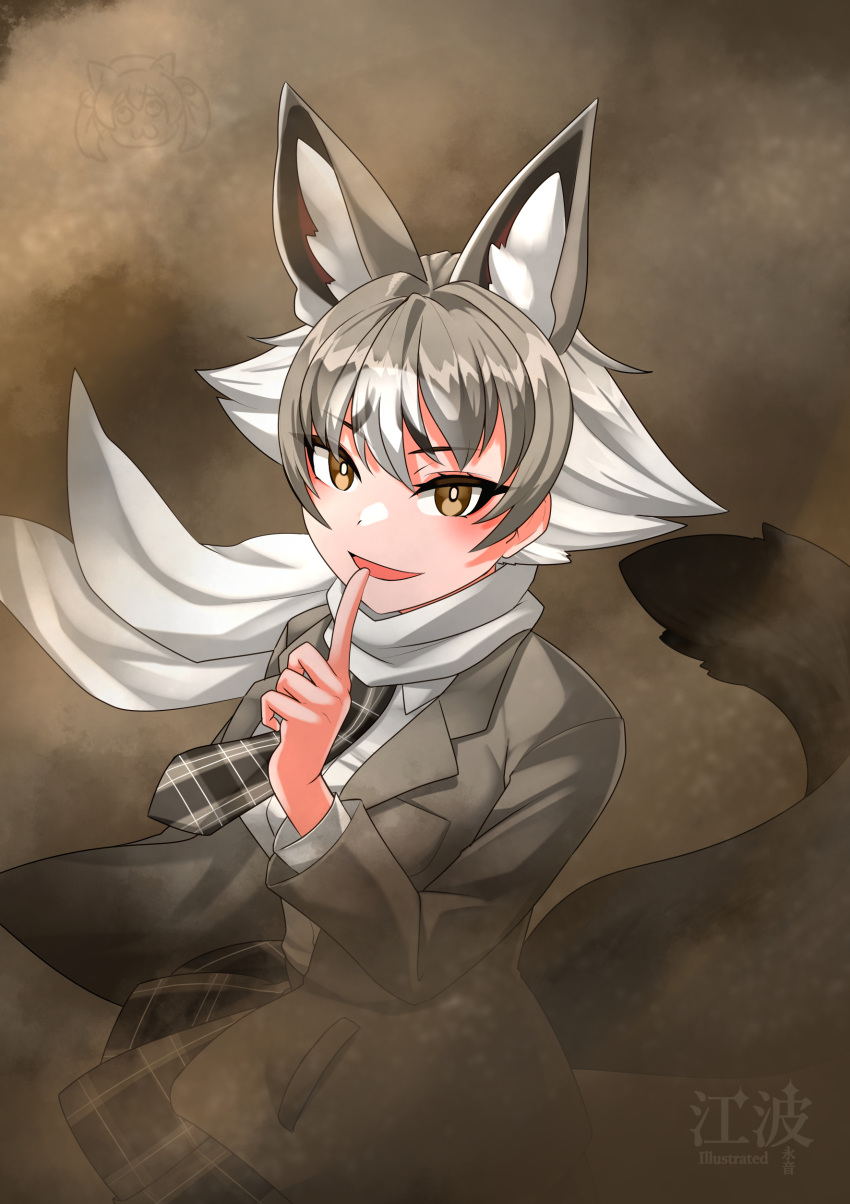 1girl absurdres animal_ears blazer brown_eyes extra_ears fox_ears fox_girl fox_tail grey_hair highres jacket kawanami_eito kemono_friends kemono_friends_3 kit_fox_(kemono_friends) looking_at_viewer necktie scarf shirt short_hair simple_background skirt solo tail