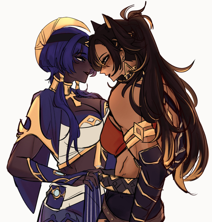 2girls absurdres alfaidopasta animal_ears black_hair blue_hair breasts breasts_squeezed_together candace_(genshin_impact) dark-skinned_female dark_skin dehya_(genshin_impact) eye_of_horus genshin_impact hair_between_eyes hair_ears highres long_hair multiple_girls tagme white_background yuri