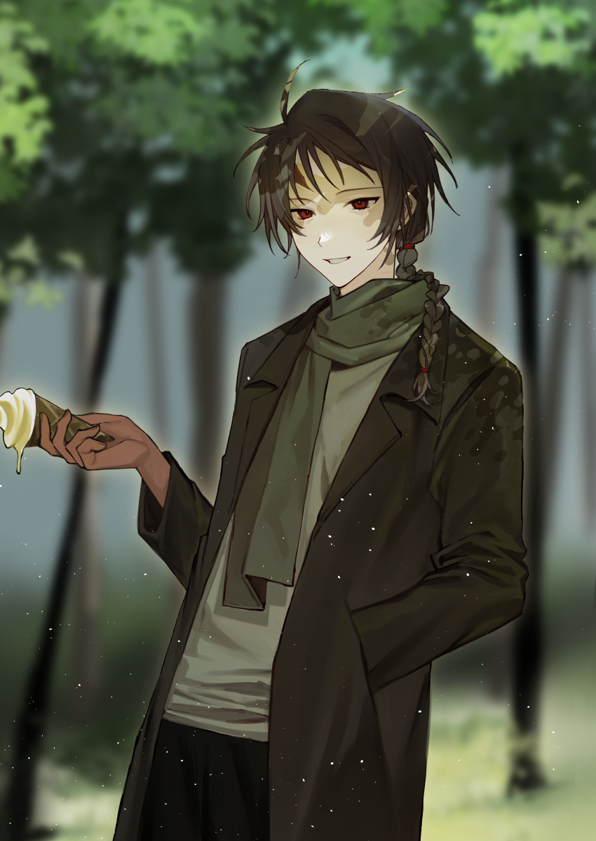 1boy absurdres black_coat black_pants braid brown_hair chinese_commentary coat commentary_request cowboy_shot green_scarf grey_shirt hand_in_pocket hand_up harada_minoru highres holding holding_ice_cream_cone ice_cream_cone kyoko_(akakikyoko) light_particles male_focus open_clothes open_coat outdoors pants red_eyes saibou_shinkyoku scar scar_on_face scar_on_forehead scarf shirt side_braid single_braid smile solo