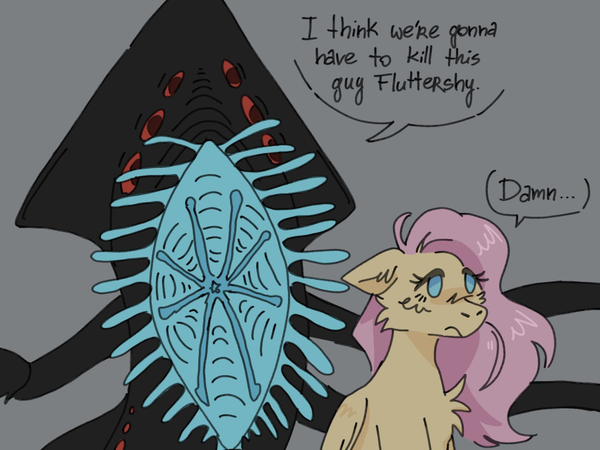 4:3 alien ambiguous_gender black_body blue_eyes duo english_text equid equine female feral fluttershy_(mlp) friendship_is_magic fur grey_background hair hasbro hi_res horse i_think_we're_gonna_have_to_kill_this_guy long_hair mammal marine meme multi_eye my_little_pony open_mouth pegasus pink_hair pony shadow_leviathan_(subnautica) simple_background subnautica subnautica_below_zero text vantanev00 wings wings_folded yellow_body yellow_fur