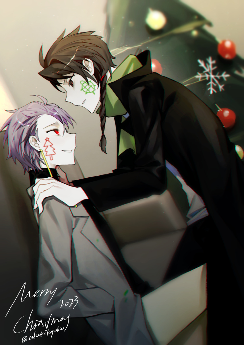 2boys absurdres black_coat black_pants black_sweater braid brown_hair chinese_commentary christmas_tree coat commentary_request green_scarf grey_coat grey_shirt hands_in_pockets hands_on_another's_shoulders harada_minoru highres indoors kyoko_(akakikyoko) light_particles long_sleeves male_focus merry_christmas multiple_boys open_clothes open_coat pale_skin pants purple_hair red_eyes saibou_shinkyoku scarf shirt short_hair side_braid smile sweater theodore_riddle turtleneck turtleneck_sweater yellow_pants
