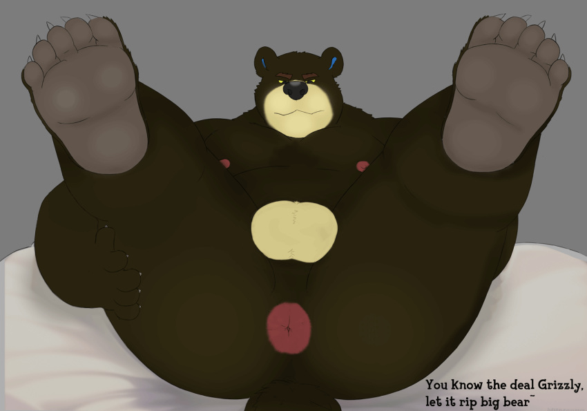animal_crossing anthro anus bear bed butt butt_focus chubby_anthro chubby_male claws english_text feet furniture grizzly_(animal_crossing) ivory-dove legs_up lying male mammal nintendo nipples nude on_back presenting presenting_anus presenting_hindquarters solo text thick_thighs