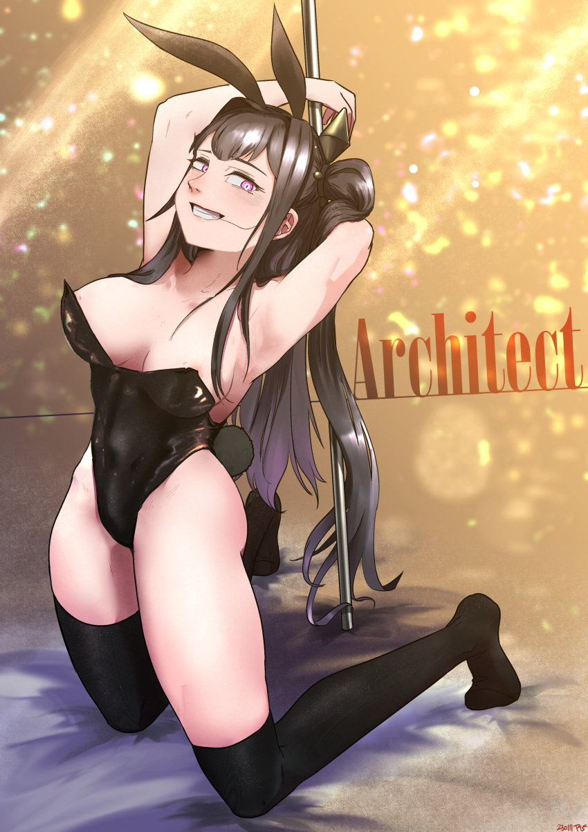 absurdres animal_ears architect_(girls'_frontline) areola_slip armpits arms_up asymmetrical_legwear black_hair black_leotard black_socks black_thighhighs breasts character_name cleavage commentary dated english_commentary fake_animal_ears fake_tail full_body girls'_frontline grin hair_in_own_mouth hair_ornament highres kneehighs kneeling large_breasts leotard light_rays long_hair looking_at_viewer no_socks one_side_up pink_eyes playboy_bunny pole rabbit_ears rabbit_tail radish_p sangvis_ferri signature single_kneehigh single_sock single_thighhigh smile socks strapless strapless_leotard stripper_pole tail thighhighs uneven_legwear very_long_hair