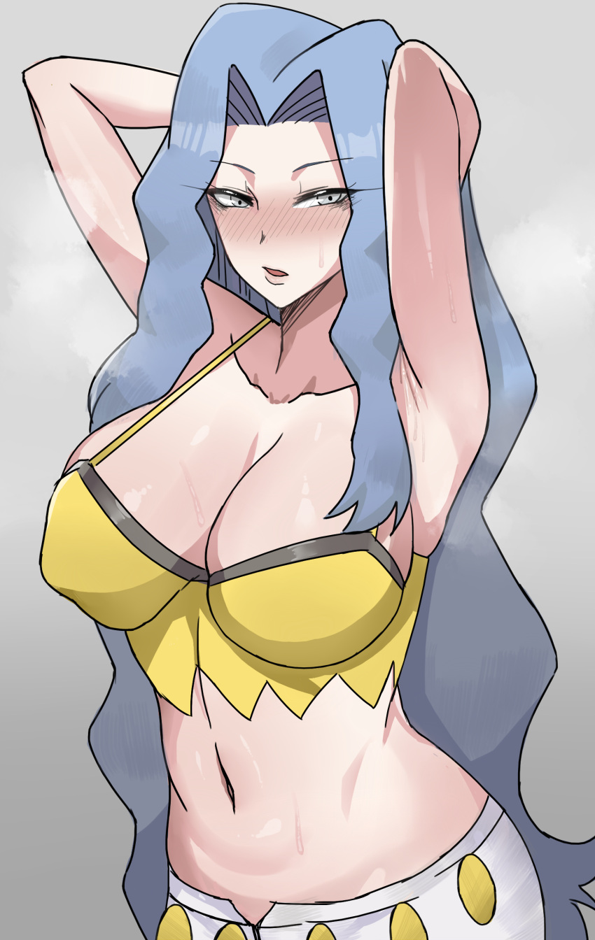 1girl absurdres armpits bare_shoulders blue_hair breasts camisole chihel cleavage crop_top grey_eyes hands_in_hair highres karen_(pokemon) large_breasts long_hair looking_at_viewer midriff navel pants parted_bangs pokemon pokemon_hgss simple_background white_pants yellow_camisole