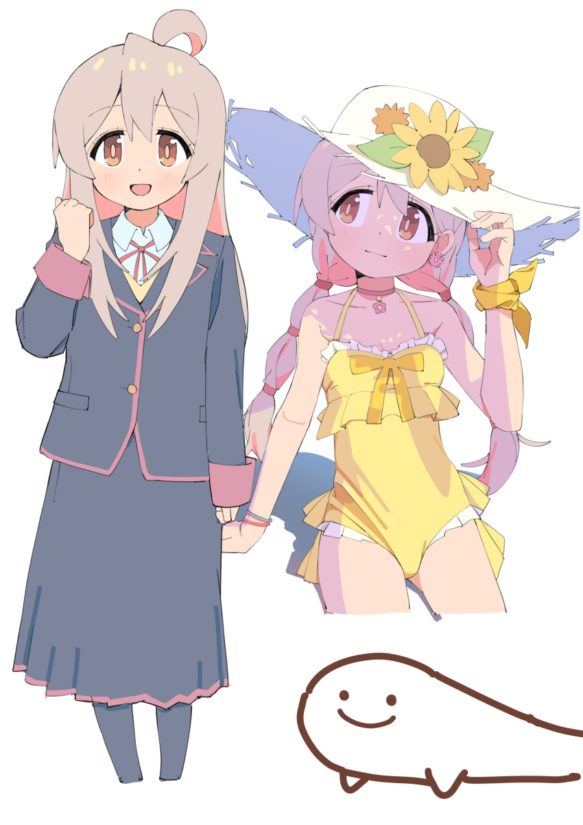 1girl :d absurdres adjusting_clothes adjusting_headwear ahoge blazer bow bracelet braid brown_eyes casual_one-piece_swimsuit choker collared_shirt flower hat hat_flower highres jacket jewelry light_brown_hair long_sleeves mpoi multiple_views one-piece_swimsuit onii-chan_wa_oshimai! oyama_mahiro pleated_skirt ribbon shade shirt simple_background skirt smile sunflower swimsuit twin_braids white_background white_shirt wrist_ribbon yellow_bow yellow_ribbon