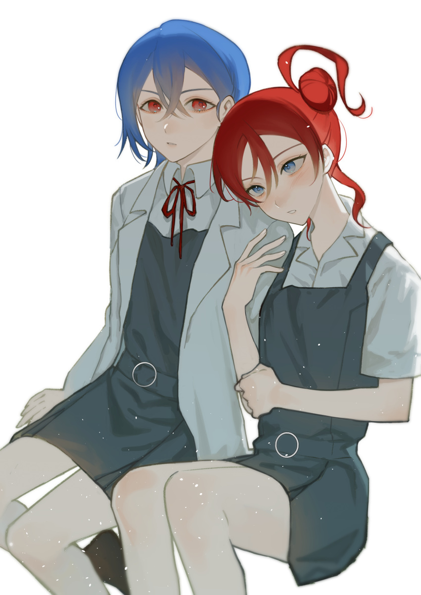 2girls absurdres belt blue_eyes blue_hair blush chinese_commentary collared_shirt commentary_request dress flat_chest grey_belt grey_dress hair_between_eyes highres kyoko_(akakikyoko) lab_coat light_particles long_sleeves love_live! multiple_girls neck_ribbon pinafore_dress red_eyes red_hair red_ribbon ribbon school_uniform shirt short_hair short_sleeves simple_background sitting sleeveless sleeveless_dress wakana_shiki white_background white_shirt yoneme_mei
