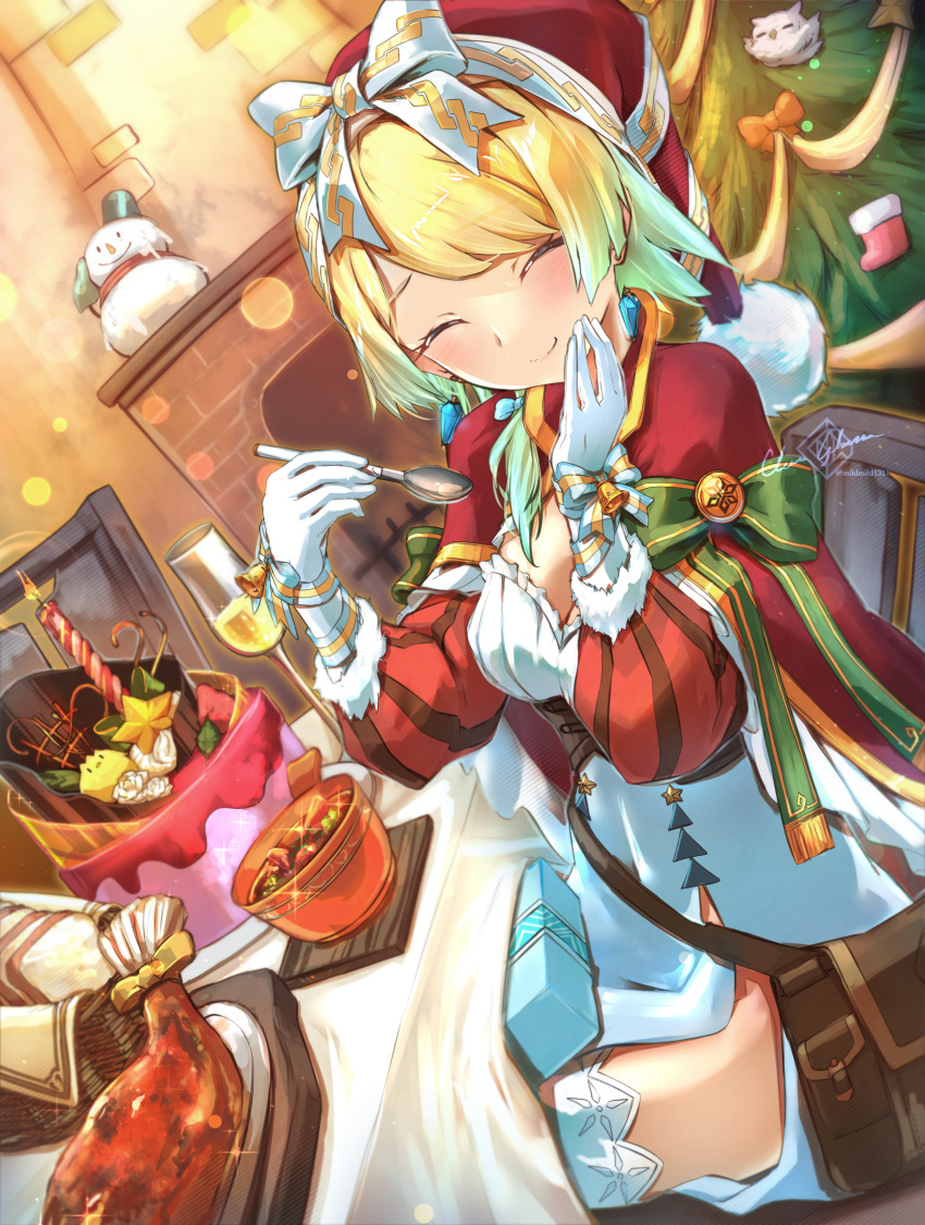 1girl alternate_costume blonde_hair blue_hair bow breasts christmas christmas_ornaments christmas_tree clear_glass_(mildmild1311) cleavage closed_eyes closed_mouth dress earrings eating feh_(fire_emblem_heroes) fire_emblem fire_emblem_heroes fjorm_(fire_emblem) food fur_trim gift gloves gradient_hair hat hat_bow highres holding holding_spoon indoors jewelry long_sleeves multicolored_hair ribbon santa_hat short_hair side_slit smile snowman solo spoon turkey_(food) white_dress white_gloves