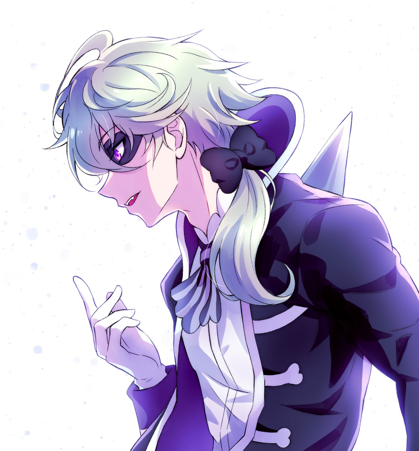 1boy absurdres ascot black_bow black_jacket bow delicious_party_precure dress_shirt gloves grey_hair hair_between_eyes hair_bow hair_over_shoulder highres jacket kyoutsuugengo long_hair long_sleeves low_ponytail male_focus mask narcistoru open_clothes open_jacket open_mouth precure purple_eyes shirt solo white_gloves white_shirt