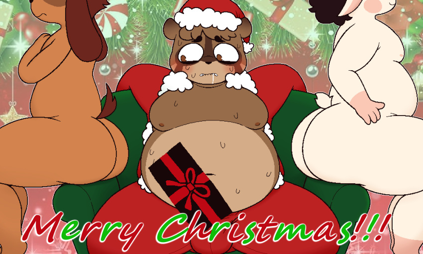 5:3 anthro bangs belly big_belly big_butt blush bodily_fluids bovid brown_body brown_fur bulge butt cal_(zlut385) candy canid canine canis caprine censor_bar censored chair cheek_spots christmas christmas_clothing christmas_headwear clothing costume dessert digital_drawing_(artwork) digital_media_(artwork) domestic_dog drooling exclamation_point food fur furniture goat green_chair group hat headgear headwear hi_res holidays long_ears looking_at_butt lyle_(zlut385) male male/male mammal merry_christmas moobs nahte_(zlut385) navel nipples nude on_chair ornament overweight overweight_anthro overweight_male peppermint_(candy) pixel_(artwork) plant raccoon_dog saliva santa_costume santa_hat sitting sitting_on_armrest sitting_on_chair smile sweat sweaty_body tan_body tan_fur tanuki thick_thighs trio zlut385