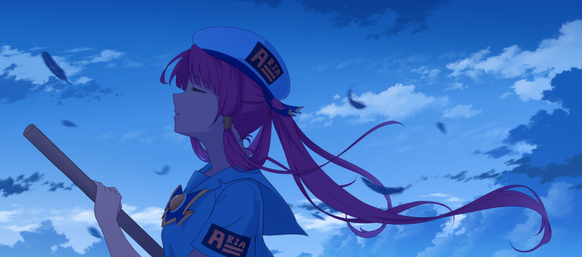 1girl aria_(manga) aria_company_uniform beret blue_background blue_bow blue_bowtie blue_ribbon blue_sky bow bowtie bread_fqy closed_eyes cloud cloudy_sky eyelashes falling_feathers from_side gold_trim hair_rings hair_tubes hand_up hat hat_ribbon highres holding holding_oar long_hair looking_at_viewer mizunashi_akari motion_blur oar official_alternate_hairstyle open_mouth outdoors parted_bangs pink_hair ribbon sailor_collar shadow short_sleeves sky solo upper_body white_headwear