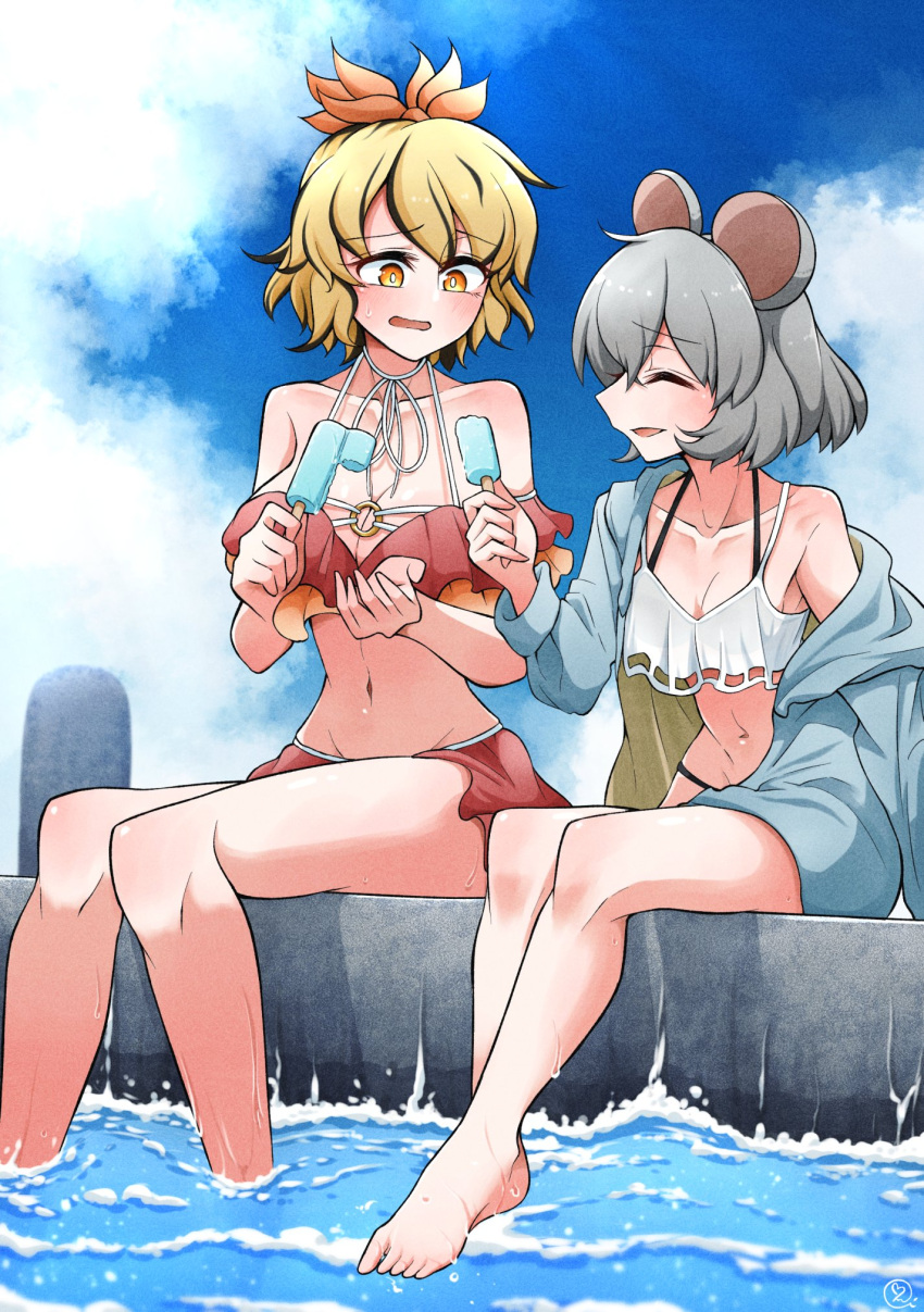 2girls alternate_costume animal_ears aqua_jacket bare_shoulders bikini black_bikini black_hair blonde_hair blue_sky blush breasts closed_eyes cloud cloudy_sky collarbone commentary_request commission food full_body grey_hair hair_ribbon highres holding holding_food holding_ice_cream ice_cream jacket leaning_forward ledge looking_at_another medium_breasts midriff mouse_ears mouse_girl multicolored_hair multiple_girls navel nazrin o-ring o-ring_bikini off-shoulder_bikini off_shoulder open_clothes orange_eyes orange_ribbon outdoors red_bikini ribbon scavia10 short_hair signature sitting skeb_commission sky small_breasts stomach streaked_hair swimsuit toramaru_shou touhou two-tone_hair water wet