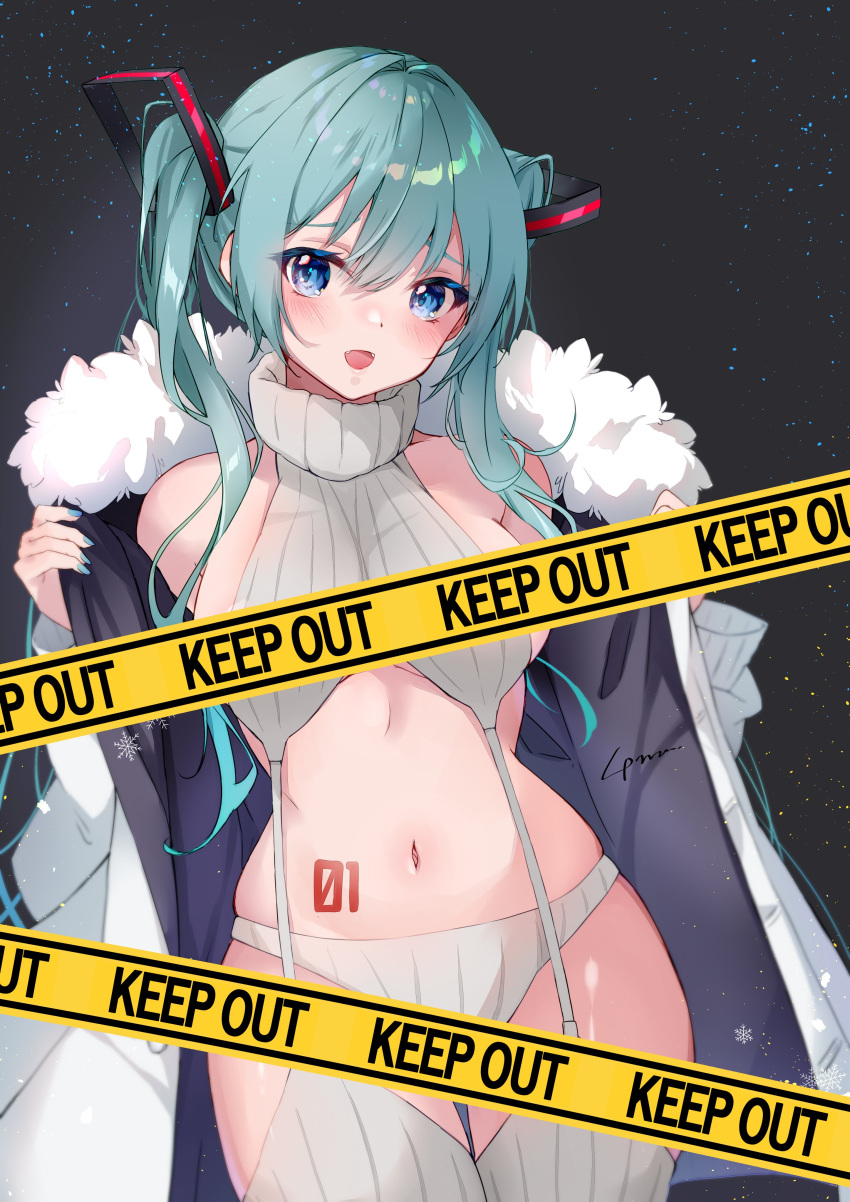 1girl :d absurdres anzu_(x_anzu_ill) bare_shoulders black_background blue_eyes blush breasts coat colored_eyelashes commentary convenient_censoring cowboy_shot curvy eyelashes fangs fur-trimmed_coat fur_trim green_hair hair_between_eyes hatsune_miku highres keep_out long_hair looking_at_viewer medium_breasts open_clothes open_coat open_mouth ribbed_sweater signature simple_background skindentation smile solo standing stomach_tattoo sweater tattoo thigh_gap tsurime turtleneck turtleneck_sweater twintails undressing virgin_destroyer_sweater vocaloid white_coat winter_clothes