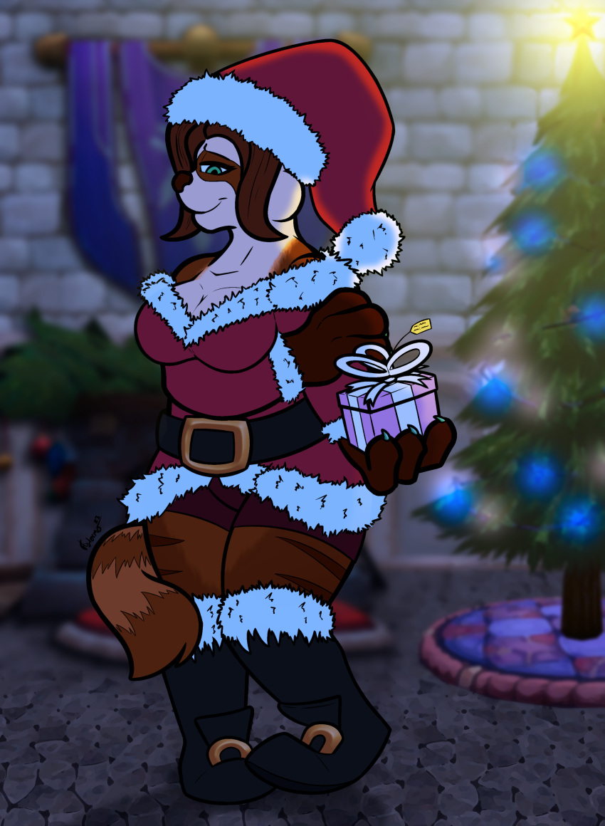 4_fingers absurd_res anthro arm_under_breasts bear belt belt_buckle blizzard_entertainment boots bottomwear bow_ribbon breasts brown_body brown_fur brown_hair buckle christmas christmas_clothing christmas_headwear christmas_lights christmas_tree cleavage clothed clothing costume decoration facial_markings female fingers fireplace flytermo2 footwear fur gift gift_tag green_eyes hair hat head_markings headgear headwear hi_res holding_gift holding_object holding_present holidays leg_stripes looking_away looking_down mammal markings painted_claws pandaren plant red_clothing red_hat red_headwear red_pandaren red_topwear ribbons rug santa_costume shoe_buckles shorts side_view smile solo stone_floor striped_markings striped_tail stripes tail tail_markings tan_body tan_fur tiya_shortclaw topwear tree warcraft white_body white_fur
