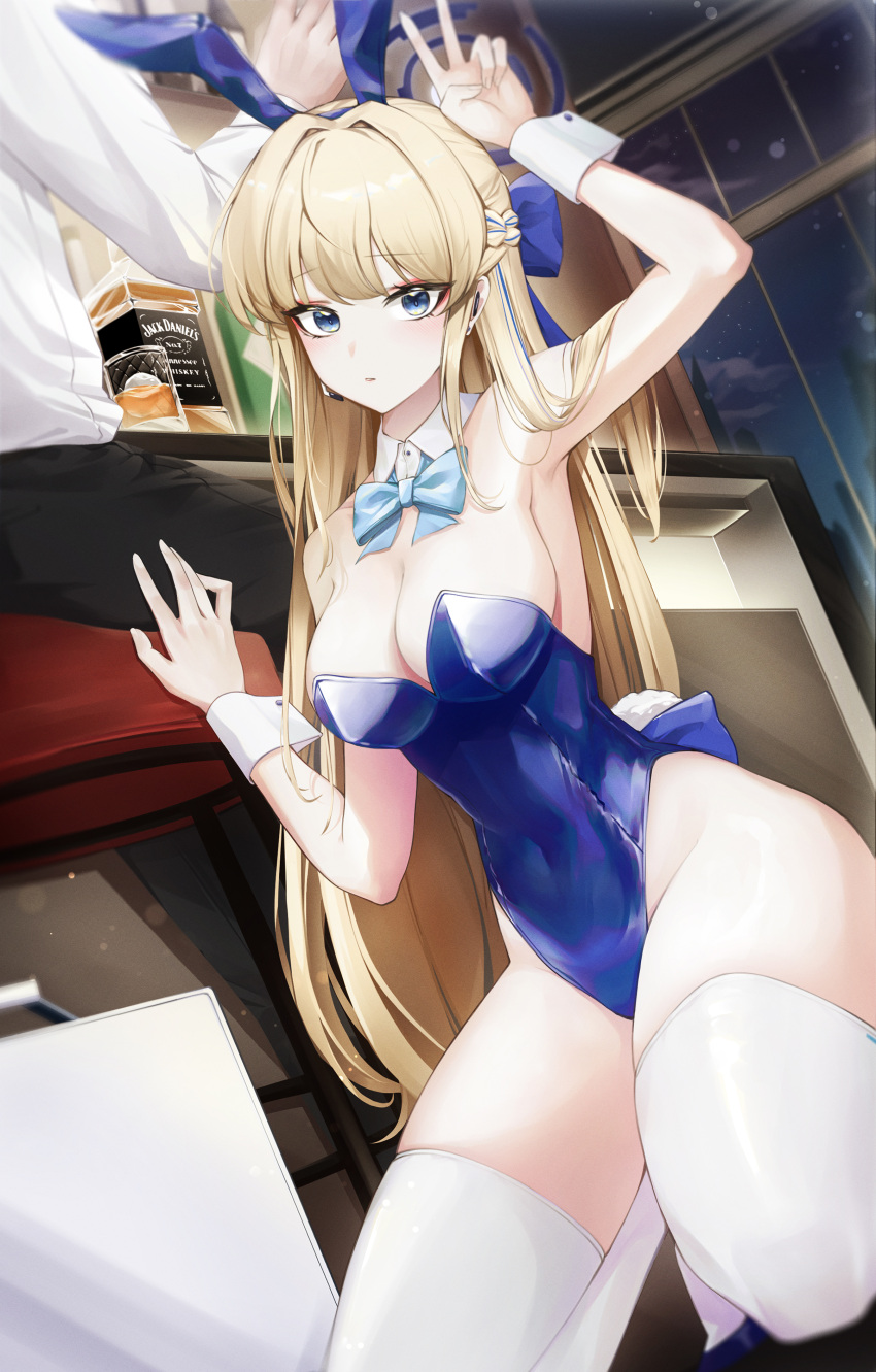 1boy 1girl absurdres animal_ears arm_up armpits bare_shoulders blonde_hair blue_archive blue_bow blue_bowtie blue_eyes blue_leotard bow bowtie breasts cleavage commentary_request covered_navel fake_animal_ears guard_(mungcom88) halo highres large_breasts leotard long_hair official_alternate_costume playboy_bunny rabbit_ears sideboob solo_focus strapless strapless_leotard thighhighs thighs toki_(blue_archive) toki_(bunny)_(blue_archive) v very_long_hair white_thighhighs wrist_cuffs