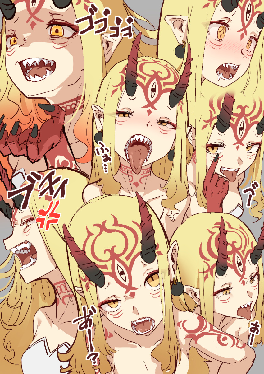 +_+ 1girl anger_vein bare_shoulders black_horns black_nails blonde_hair blush collarbone commentary_request dress drooling earrings eyeliner facial_mark facial_tattoo fangs fate/grand_order fate_(series) finger_to_eye fingernails forehead_mark gradient_hair gradient_horns grey_background half-closed_eyes hand_tattoo hand_up highres horns ibaraki_douji_(fate) jewelry long_hair looking_at_viewer makeup menacing_(jojo) mouth_focus multicolored_hair multicolored_horns multiple_views neck_tattoo oni oni_horns open_mouth orange_hair partially_shaded_face pointy_ears red_eyeliner red_horns sakupanp sharp_fingernails sharp_teeth simple_background smile sound_effects strapless strapless_dress tattoo teeth tongue tongue_out translation_request uneven_eyes white_dress yellow_eyes
