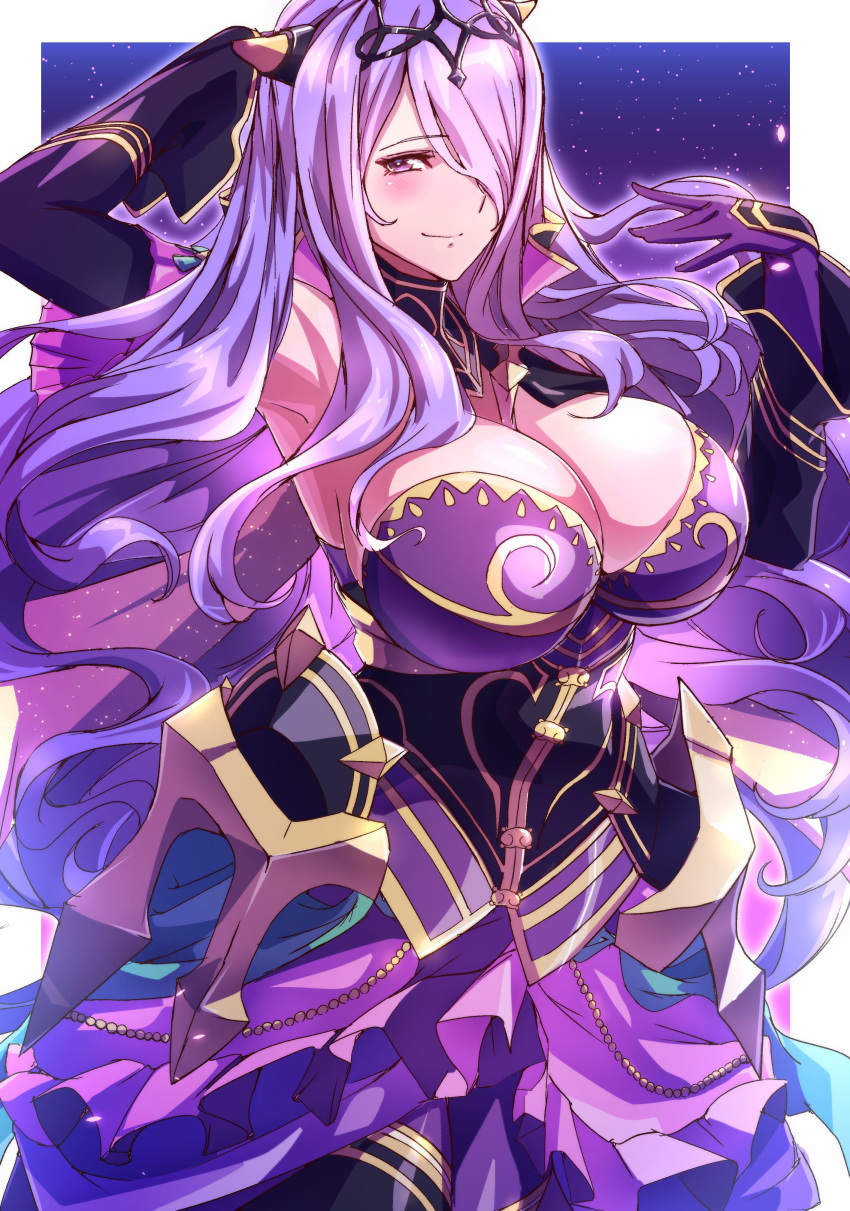1girl absurdres armpits breasts camilla_(alluring_darkness)_(fire_emblem) camilla_(fire_emblem) cleavage closed_mouth fire_emblem fire_emblem_fates fire_emblem_heroes gloves hair_over_one_eye highres large_breasts long_hair looking_at_viewer official_alternate_costume purple_eyes purple_gloves purple_hair smile solo to_(tototo_tk) very_long_hair
