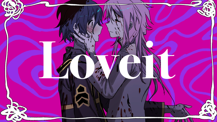 2boys absurdres blood blood_on_face blood_on_hands blue_eyes blue_hair blush closed_mouth commentary grey_eyes hand_on_another's_face hatsutori_hajime highres hood hood_down hooded_robe kyoko_(akakikyoko) long_hair long_sleeves loveit?_(biz) male_focus multiple_boys open_mouth parody pink_hair purple_robe red_eyes robe saibou_shinkyoku shirt short_hair smile stole utsugi_noriyuki white_shirt yaoi