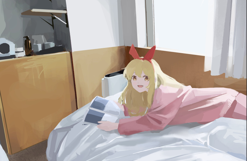 1girl absurdres aikatsu! aikatsu!_(series) blonde_hair curtains hair_ribbon highres hoshimiya_ichigo indoors long_hair long_sleeves on_bed open_mouth orval pink_shirt red_ribbon ribbon shirt sidelocks solo window yellow_eyes