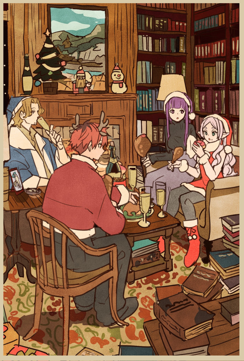 2boys 2girls black_pants black_pantyhose book bookshelf brown_hair chair champagne_flute chicken_(food) christmas christmas_tree couch cup dress drinking_glass eisen_(sousou_no_frieren) elf fake_antlers fern_(sousou_no_frieren) food frieren green_eyes hat highres long_hair multiple_boys multiple_girls pants pantyhose pointy_ears purple_eyes purple_hair red_hair santa_dress santa_hat sein_(sousou_no_frieren) sitting snowman sousou_no_frieren stark_(sousou_no_frieren) sweater table takeuchi_ryousuke turtleneck turtleneck_sweater white_hair