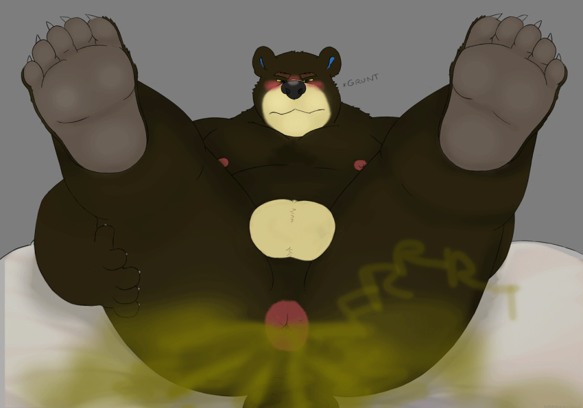 animal_crossing anthro anus bear bed butt butt_focus chubby_anthro chubby_male claws fart fart_cloud feet furniture gassy grizzly_(animal_crossing) ivory-dove legs_up lying male mammal nintendo nipples nude on_back presenting presenting_anus presenting_hindquarters smelly solo thick_thighs