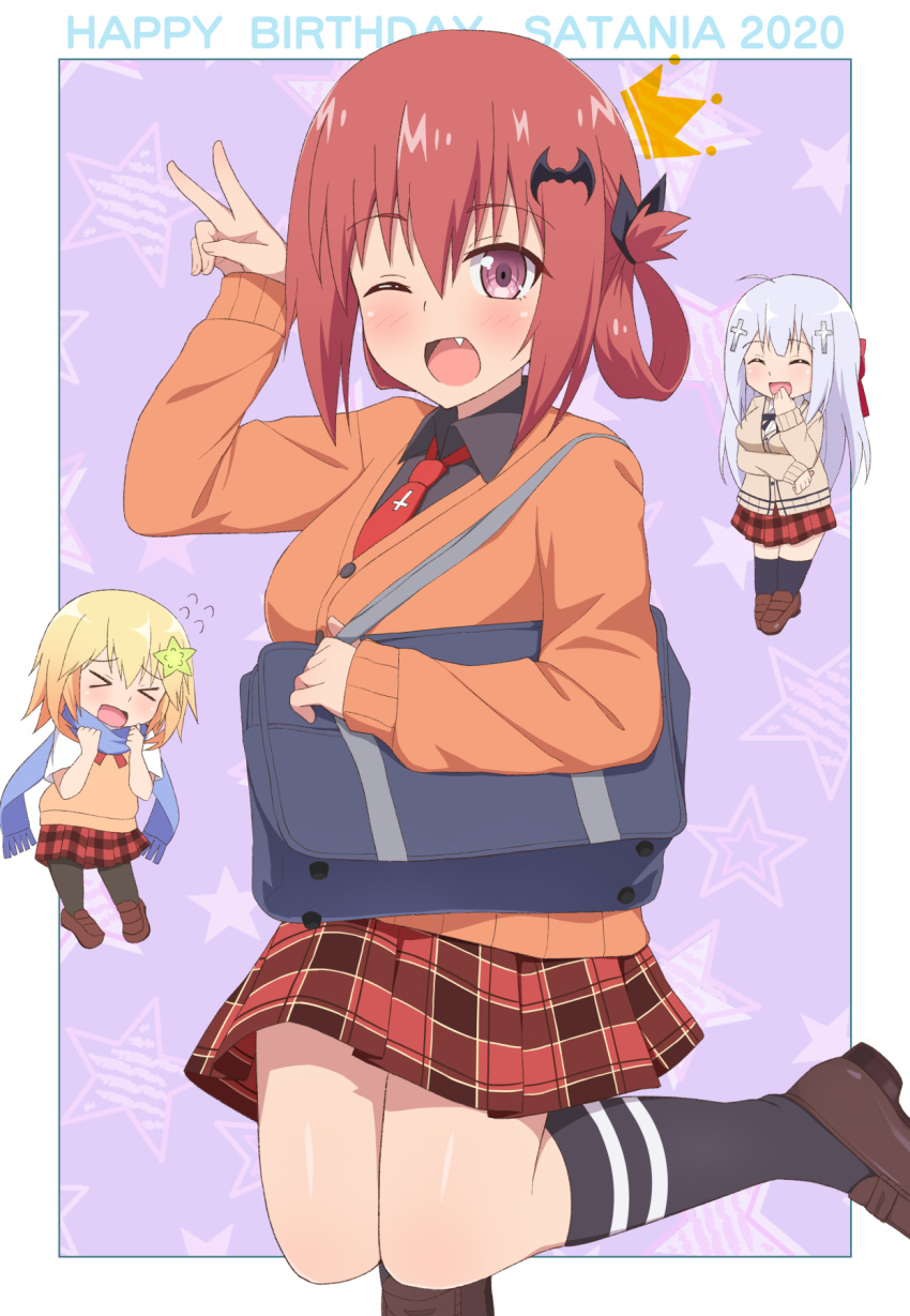 &gt;_&lt; 3girls :d ;d bag bat_hair_ornament birthday blush border brown_footwear cardigan collared_shirt commentary_request fang flying_sweatdrops gabriel_dropout hair_ornament hair_rings hand_up happy_birthday highres long_sleeves medium_hair multiple_girls necktie nyaroon one_eye_closed open_mouth orange_cardigan outside_border pleated_skirt purple_background raphiel_shiraha_ainsworth red_hair red_necktie satanichia_kurumizawa_mcdowell shirt shoes skirt sleeves_past_wrists smile socks star_(symbol) tapris_chisaki_sugarbell tongue v white_border