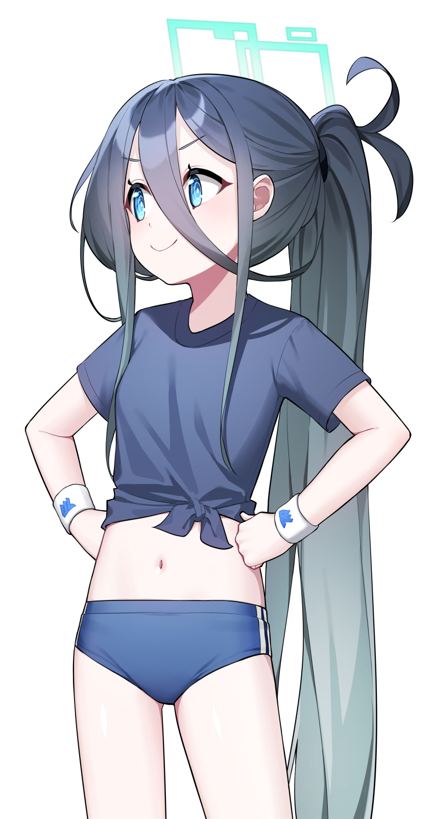 1girl absurdly_long_hair absurdres aqua_halo aris_(blue_archive) black_hair black_shirt blue_archive blue_buruma blue_eyes buruma commentary gym_uniform halo hands_on_own_hips highres honi_(honi1010) long_hair midriff millennium_science_school_logo navel ponytail shirt short_sleeves smile solo square_halo thighs very_long_hair wristband