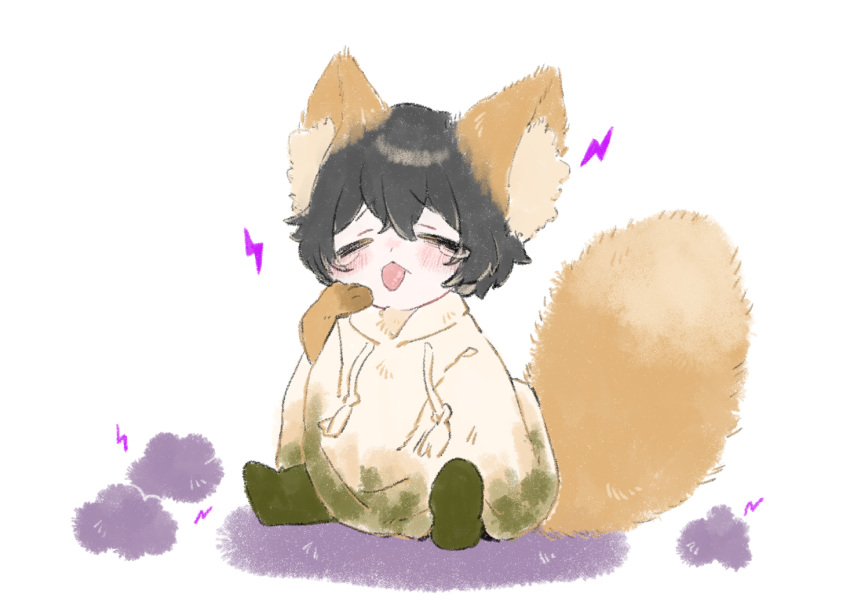 1boy animal_ears animal_hands black_hair blush cape closed_eyes drawstring e.g.o_(project_moon) electricity fox_ears fox_tail hood hood_down hooded_cape limbus_company male_focus project_moon simple_background sitting solo static_electricity tail tears tongue tongue_out uchimura_(rino0525) white_background white_cape yi_sang_(project_moon)