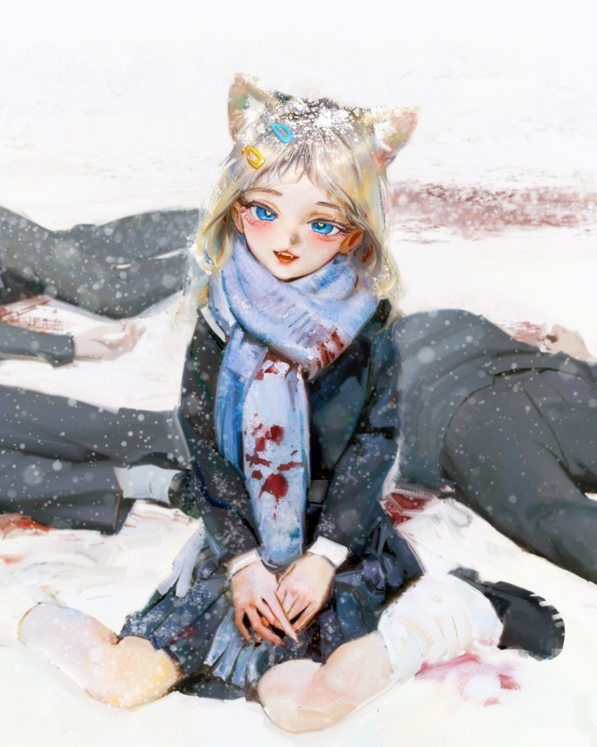 1girl 3others animal_ears black_footwear black_jacket black_skirt blonde_hair blood blood_on_clothes blood_on_ground blue_eyes blue_scarf cat_ears corpse death extra_ears full_body hair_ornament hairclip highres jacket leg_warmers long_hair long_sleeves looking_at_viewer multiple_others on_ground open_mouth original outdoors own_hands_together pleated_skirt pussy_willow_(sweetonedollar) scarf shoes sitting skirt snow snow_on_head solo_focus sweetonedollar wariza white_leg_warmers