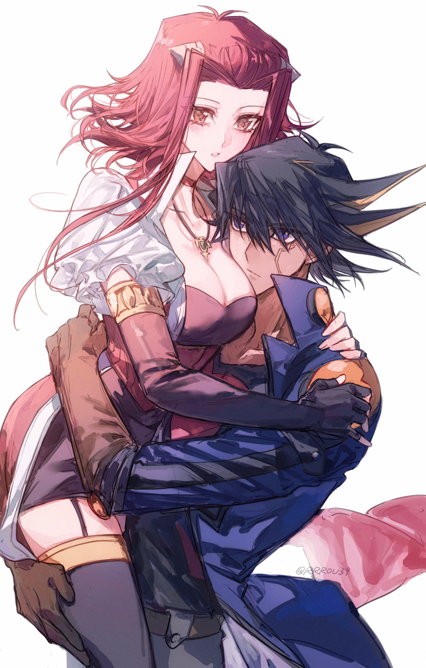 1boy 1girl absurdres black_gloves black_hair black_shirt black_thighhighs blue_eyes blue_jacket breasts brown_eyes brown_gloves chinese_commentary choker cleavage commentary corset couple elbow_gloves expressionless facial_mark facial_tattoo fingerless_gloves fudou_yuusei garter_straps gloves hair_ornament hand_on_another's_back hand_on_another's_thigh hands_on_another's_shoulders head_on_chest high_collar highres izayoi_aki jacket jewelry lifting_person long_hair marking_on_cheek multicolored_hair naoki_(2rzmcaizerails6) necklace parted_lips puffy_short_sleeves puffy_sleeves red_choker red_corset red_hair shirt short_hair short_sleeves shoulder_pads simple_background spiked_hair streaked_hair tattoo thighhighs twitter_username v-neck white_background yu-gi-oh! yu-gi-oh!_5d's zettai_ryouiki