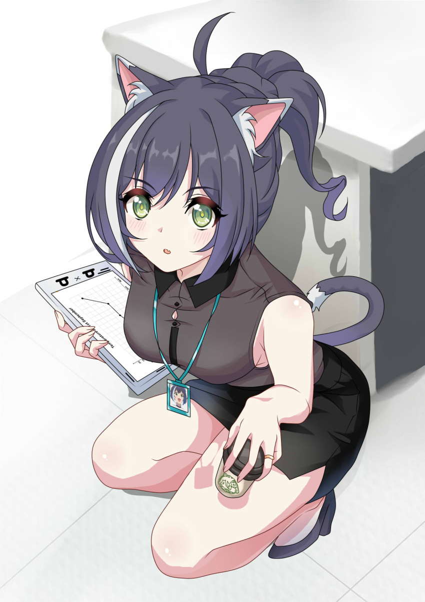 1girl ahoge animal_ear_fluff animal_ears bare_arms bare_legs black_footwear black_hair black_skirt blush breasts cat_ears cat_girl cat_tail fang full_body green_eyes grey_shirt hair_between_eyes half_updo high_heels highres holding jewelry karyl_(princess_connect!) maxwelzy medium_breasts miniskirt office_lady on_one_knee open_mouth pencil_skirt princess_connect! pumps ring shadow shirt side_slit skin_fang skirt sleeveless sleeveless_shirt solo tail