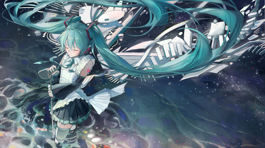 1girl absurdres aqua_hair aqua_nails closed_eyes detached_sleeves hair_ornament hatsune_miku hatsune_miku_happy_16th_birthday_-dear_creators- highres holding holding_microphone_stand microphone_stand necktie number_tattoo pleated_skirt skirt solo standing tattoo thighhighs twintails underwater vocaloid wading yunkkker