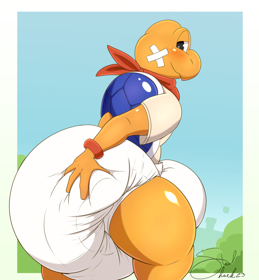 absurd_res anthro bandanna big_diaper blush diaper diaper_squish extremius_amphibious feces hi_res kerchief koopa kooper looking_at_viewer looking_back looking_back_at_viewer male mario_bros messy_diaper nintendo paper_mario scalie smile smiling_at_viewer soiling solo thick_thighs