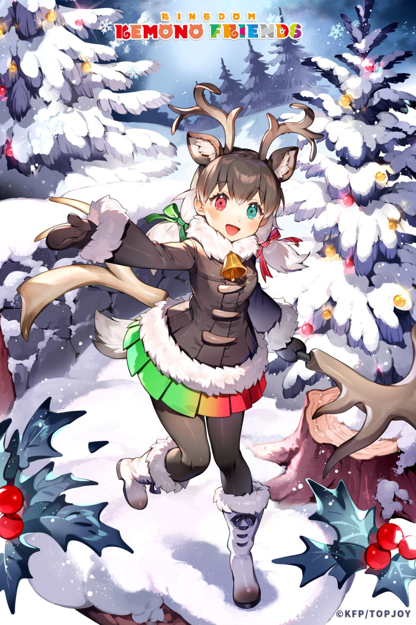 1girl animal_ears boots christmas christmas_tree copyright_name deer_ears deer_girl deer_tail extra_ears gloves green_eyes grey_hair heterochromia highres horns jacket kemono_friends kemono_friends_kingdom long_hair looking_at_viewer nature official_art outdoors pantyhose red_eyes reindeer_(kemono_friends) ribbon skirt snow solo tail twintails weapon