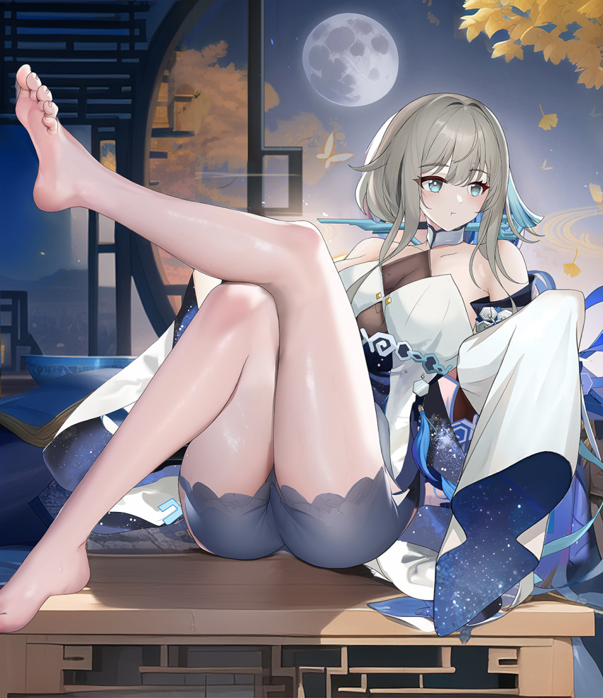 1girl architecture ass bare_shoulders barefoot blue_eyes breasts brown_hair closed_mouth detached_sleeves dress east_asian_architecture falling_petals feet genshin_impact grey_hair guizhong_(genshin_impact) hair_between_eyes hair_ornament highres kokanoko legs long_sleeves moon petals short_hair_with_long_locks sleeves_past_fingers sleeves_past_wrists soles solo tassel tassel_hair_ornament thighs toes white_dress wide_sleeves