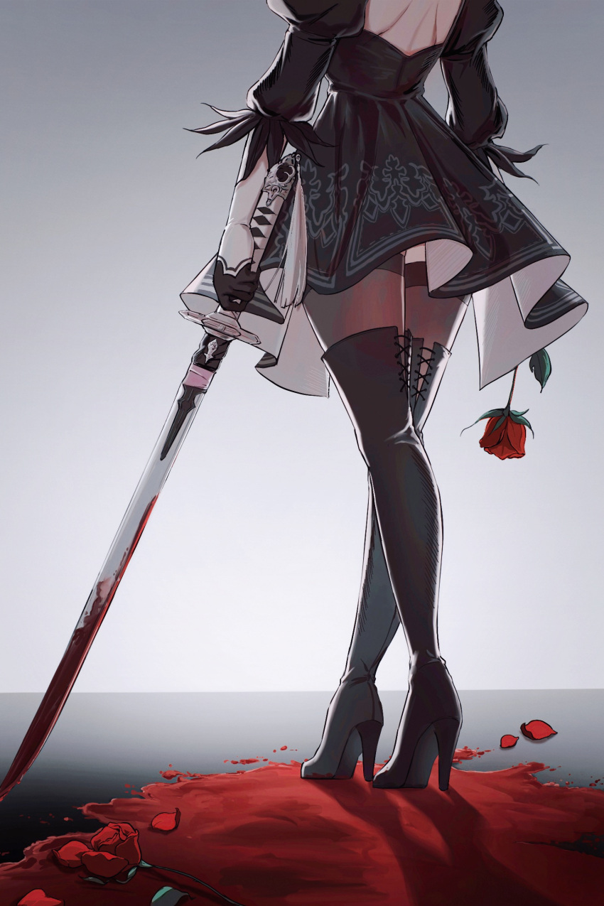 1girl 2b_(nier:automata) back_cutout black_dress black_footwear black_gloves black_thighhighs blood blood_on_weapon boots chinese_commentary clothing_cutout commentary cross-laced_footwear crossed_legs dress elbow_gloves feather-trimmed_sleeves flower from_below gloves head_out_of_frame high_heels highres holding holding_flower holding_sword holding_weapon ikooto111 implied_death juliet_sleeves katana long_sleeves median_furrow nier:automata nier_(series) pool_of_blood print_dress puffy_sleeves red_flower red_petals red_rose rose short_dress shoulder_blades side_slit skindentation solo sword tassel thigh_boots thighhighs two-tone_gloves virtuous_contract watson_cross weapon white_gloves