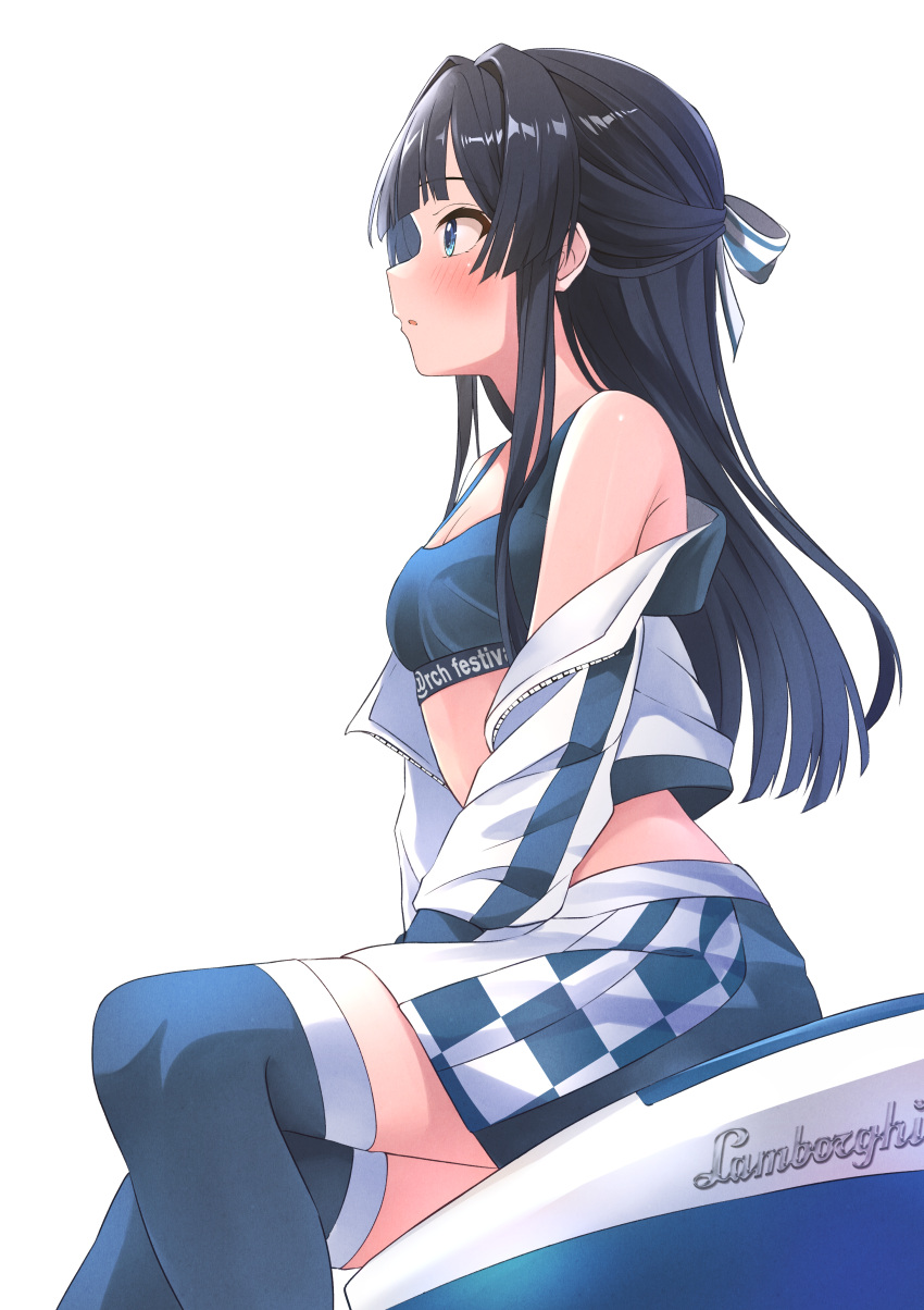 1girl absurdres b1ack_illust black_hair black_shirt black_skirt black_thighhighs blue_eyes blunt_bangs blunt_ends blush breasts checkered_clothes checkered_skirt cleavage coat commentary_request hair_ribbon halter_shirt halterneck highres idolmaster idolmaster_million_live! idolmaster_million_live!_theater_days lamborghini mogami_shizuka off_shoulder parted_lips pleated_skirt ribbon shirt sidelocks simple_background sitting skirt small_breasts solo thighhighs white_background white_coat white_skirt