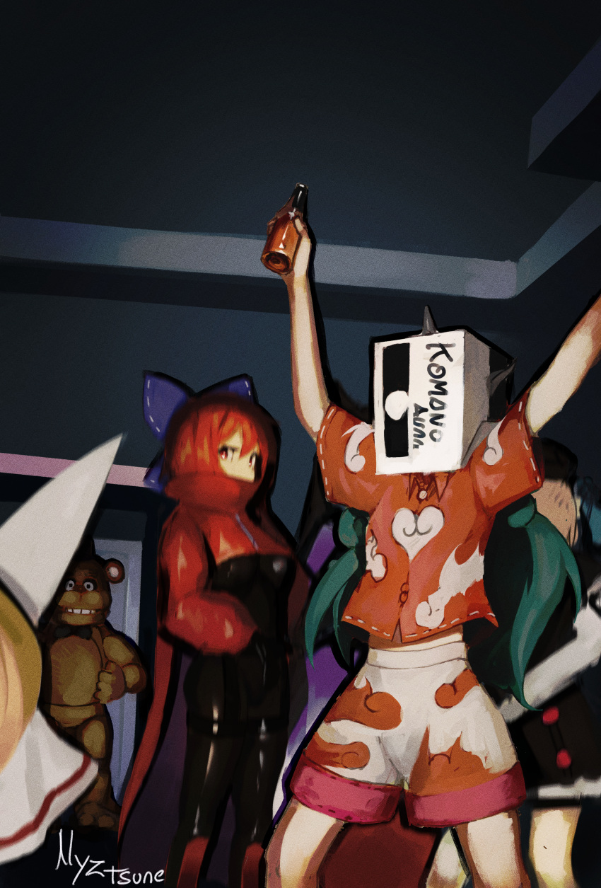 3girls absurdres arms_up beer_bottle black_bodysuit black_gloves bodysuit capelet character_name character_request film_grain five_nights_at_freddy's freddy_fazbear gloves green_hair highres komano_aunn long_hair multiple_girls nyztsune red_capelet red_eyes red_hair rock_'n'_rock_'n'_beat sekibanki short_hair touhou zipper